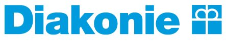 Logo der Diakonie mit blauem Schriftzug und Geschenk-Symbol, christlicher Wohlfahrtsverband für soziale Arbeit und Hilfe.