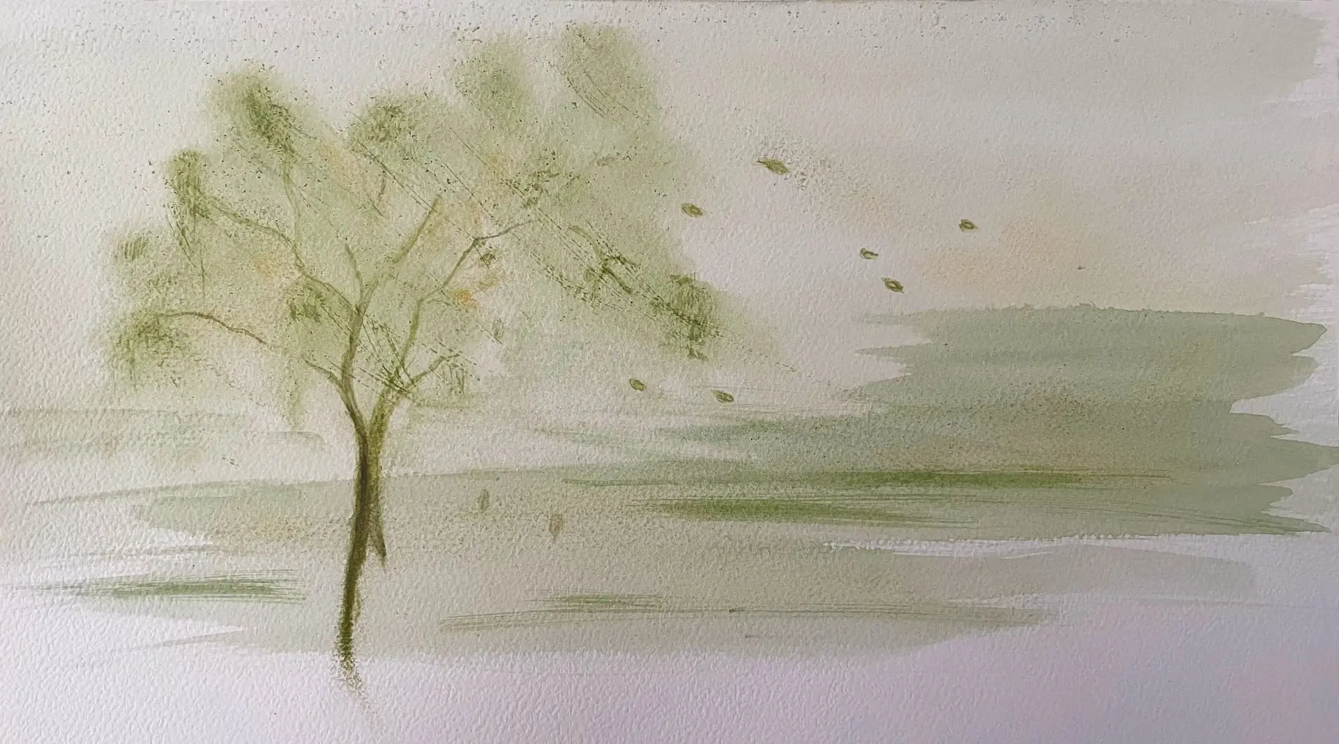 Aquarell eines grünen Baumes mit fallenden Blättern, das die Vergänglichkeit und den Kreislauf der Natur symbolisiert.