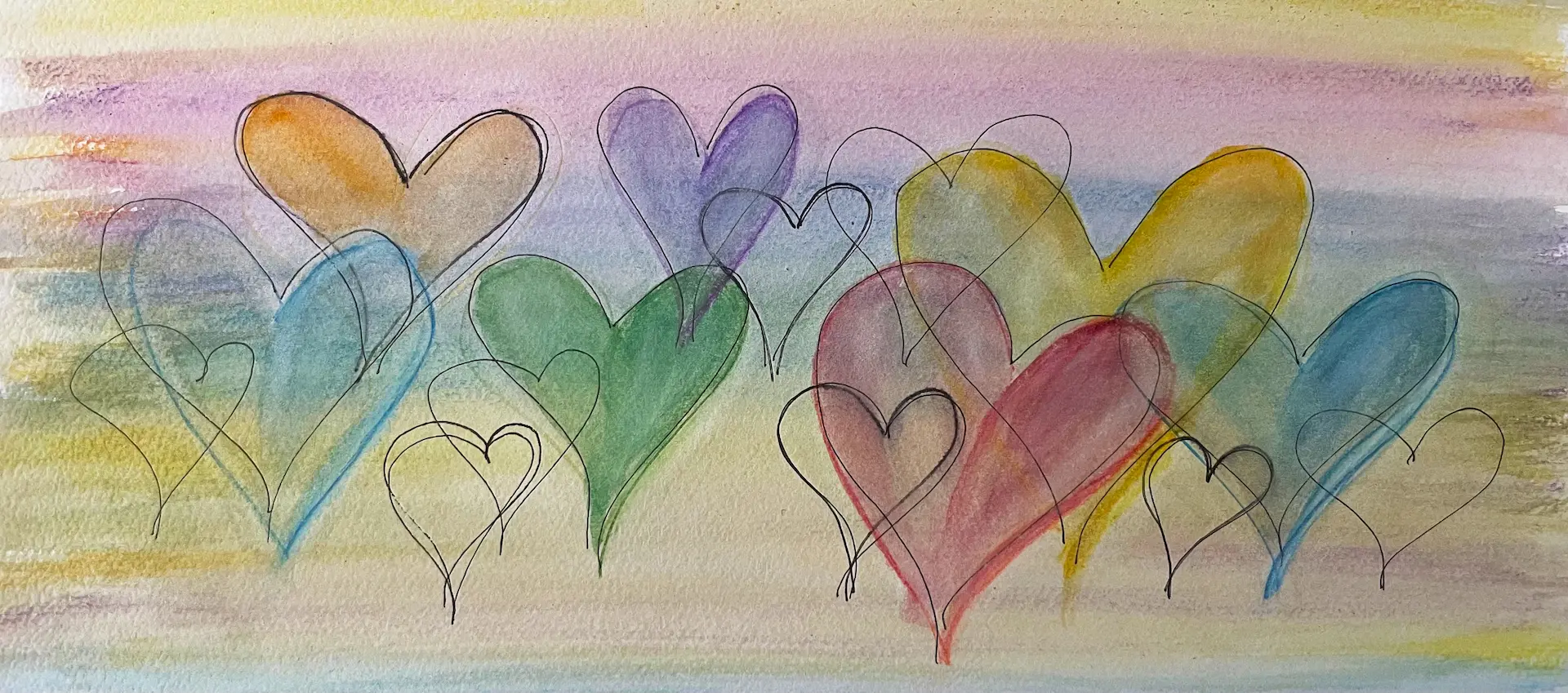 Aquarell mit vielen bunten Herzen in Gelb, Rot, Blau, Grün und Lila auf buntem Hintergrund.