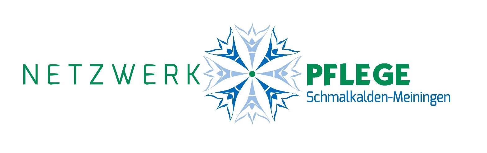 Logo des Netzwerks Pflege Schmalkalden-Meiningen mit grün-blauer Wortmarke und stilisiertem blauen Sternsymbol.