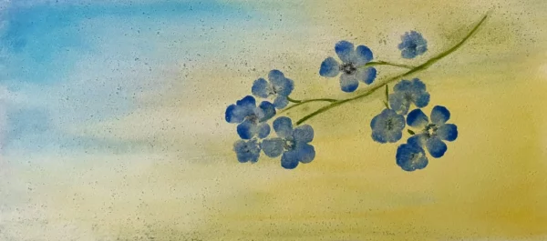 Aquarell eines blauen Vergissmeinnichts auf gelb-blauem Hintergrund als Symbol für Hoffnung, Erinnerung und Verbundenheit.